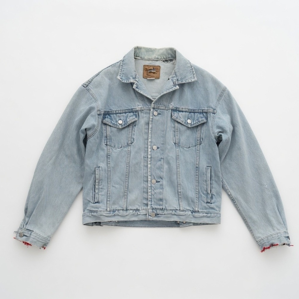 Vintage GAP Denim Trucker Jacket Men Large Light Wash USA Made 90s Distressed